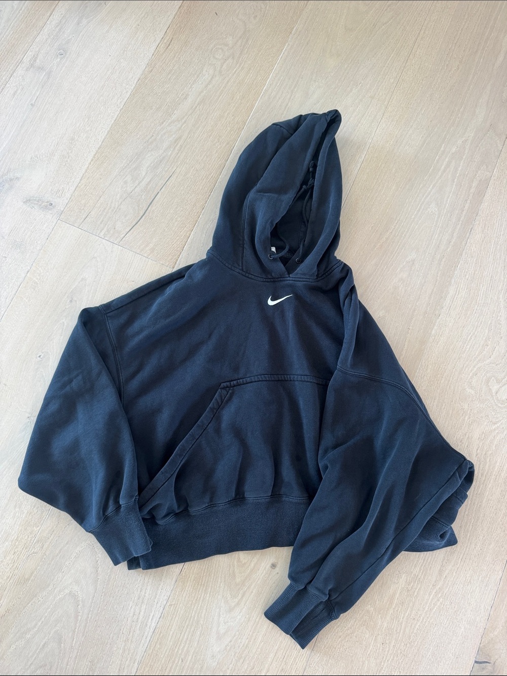 Nike Black Cropped Sweatshirt Hoodie with White Swoosh